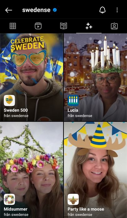 AR filters on the Swedense Instagram profile